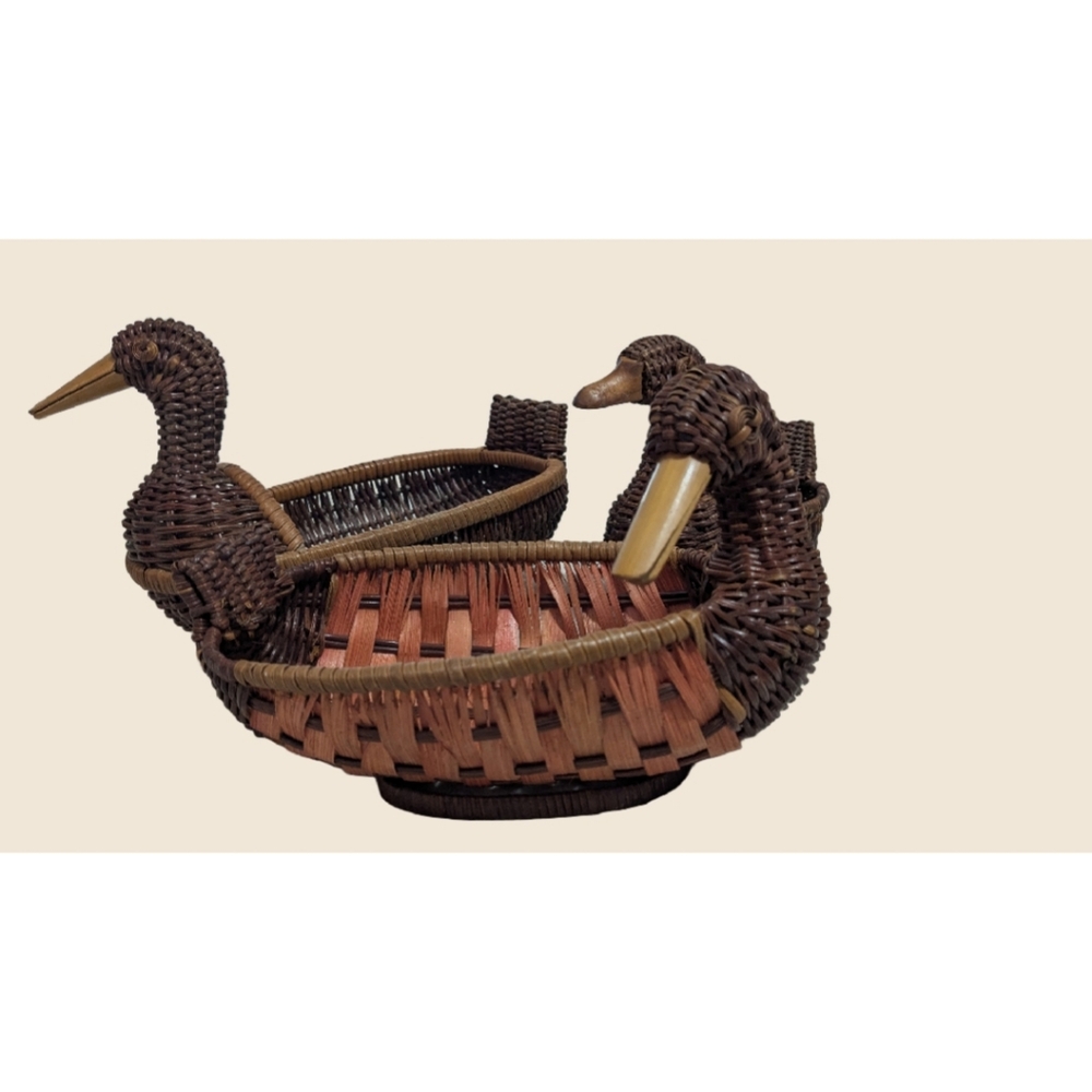 🦆🦆🦆cabincore Vintage Handmade Wicker Rattan Woven Wood Ducks